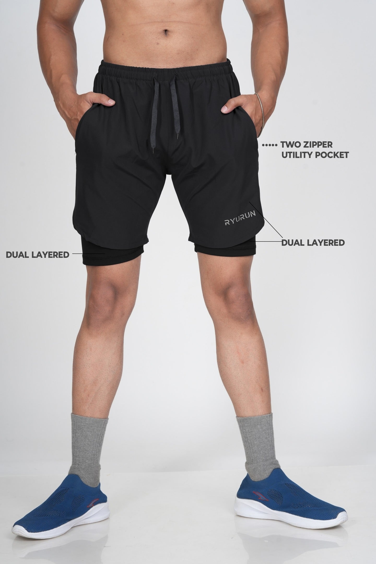 Men's Black Shorts – Close-Up of Side Pocket Featuring Utility Zipper and Stitch Detail