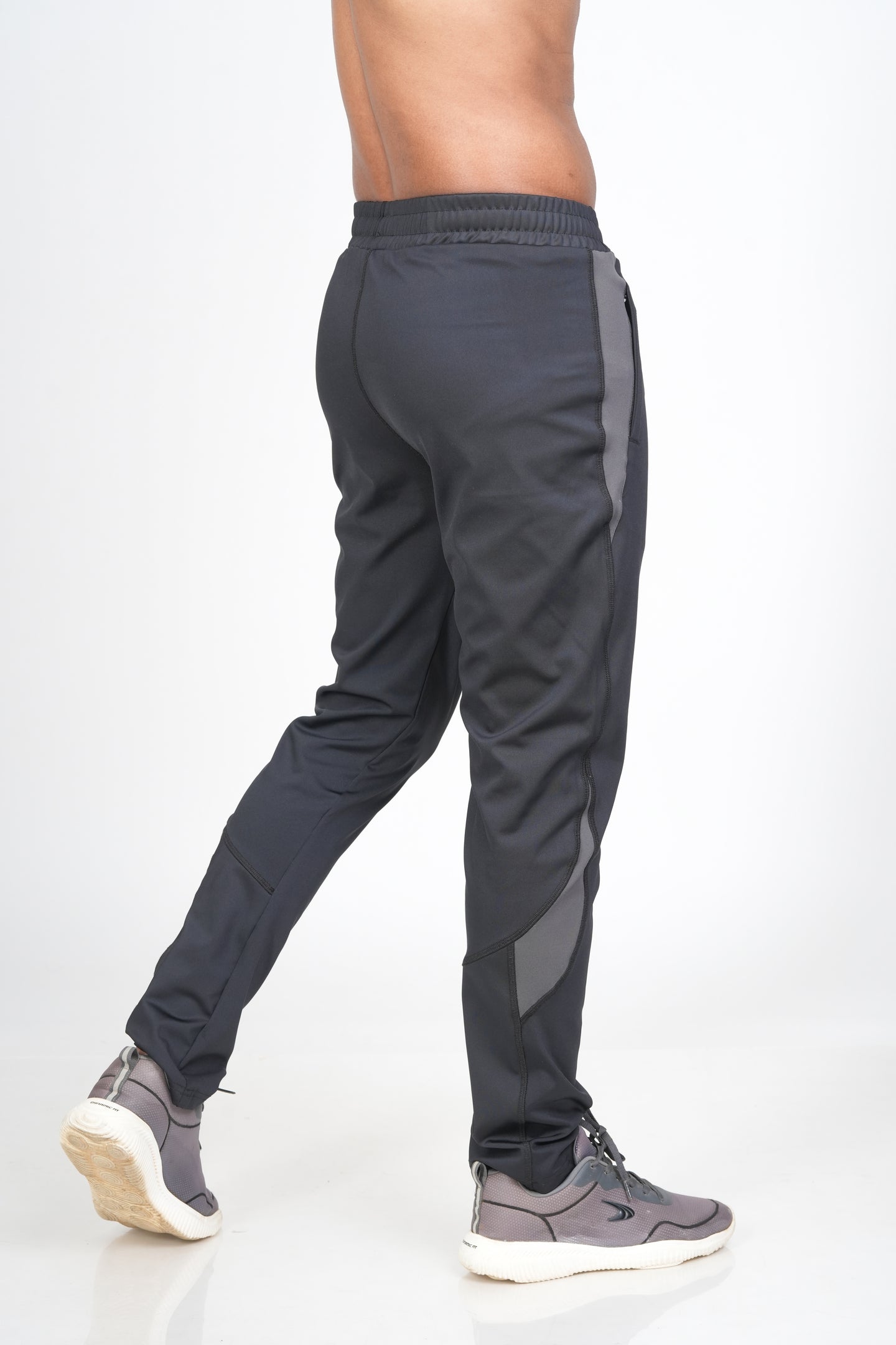 Men's Black Track Pant – Angled Back View for Rear Structure and Silhouette