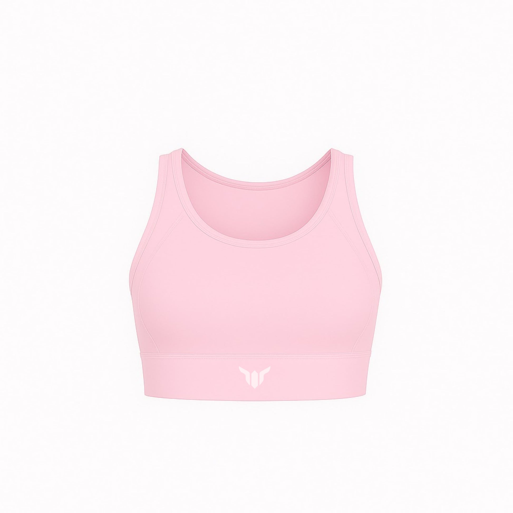 Women's Baby Pink Sports Bra – Product Mockup Displaying Seamless Shape, Soft Scoop Neck, and Wide Band Support