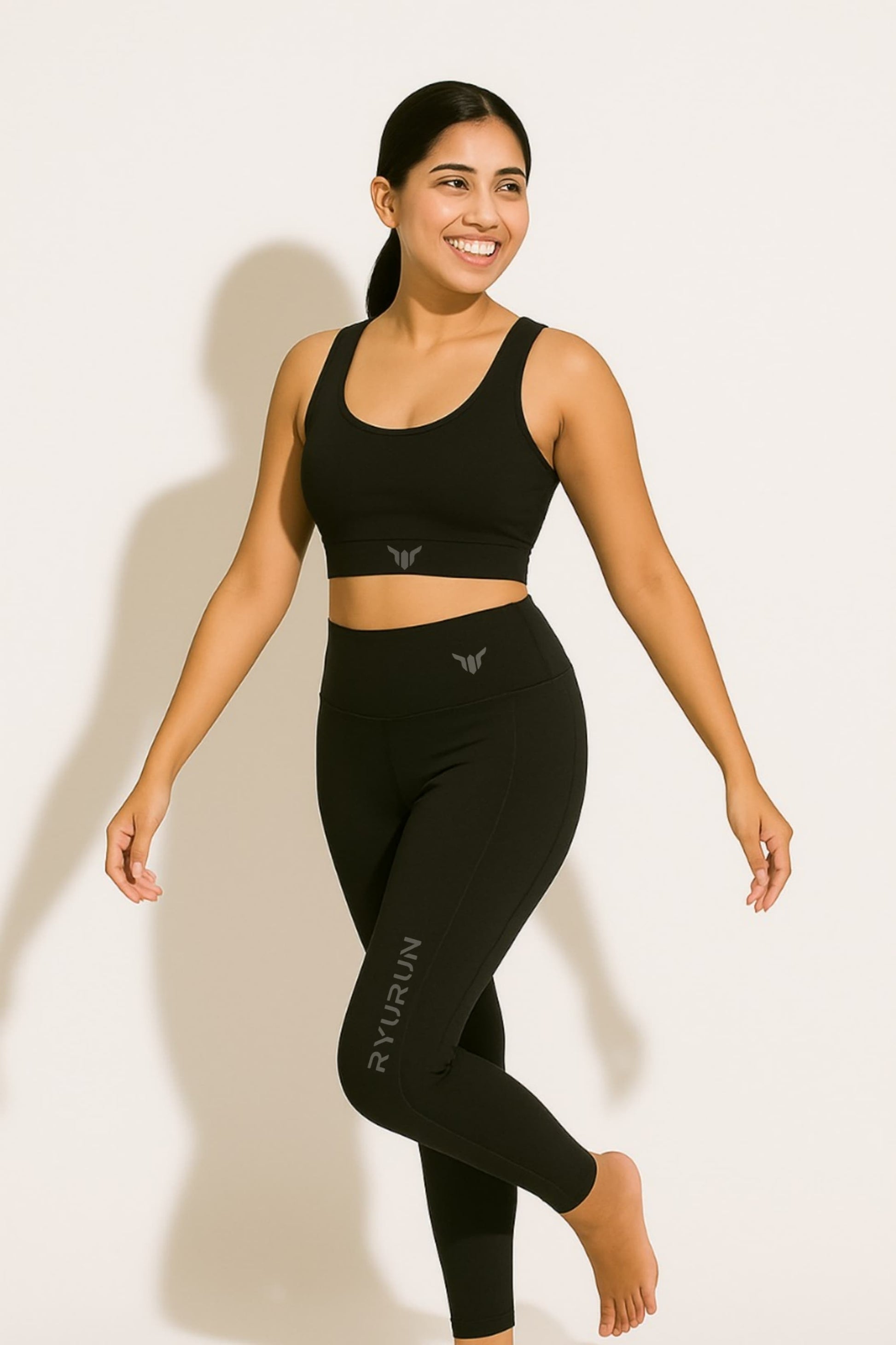 Women's Black Leggings – Full Body Model View Highlighting All-Around Fit, Length, and Movement Flexibility