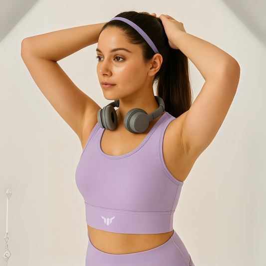 Women's Lavender Sports Bra – Side View Highlighting Contour Panel and Side Support Band