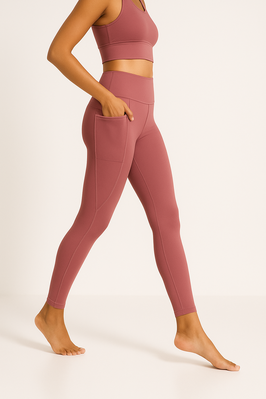 Women's Mauve Leggings – Right Side View Highlighting Fit, Ankle Taper, and Active Contour Design