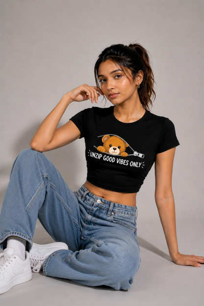 Women Black Baby Tee | Unzip Good Vibes Only