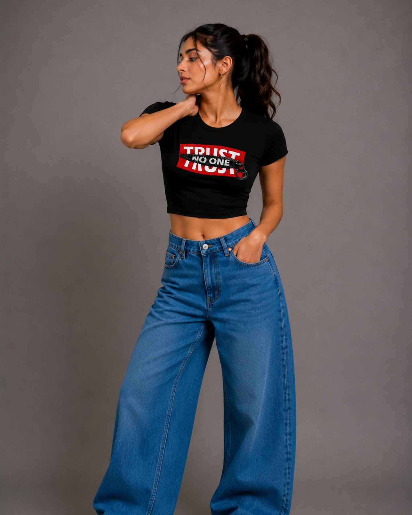 Women Black Baby Tee | Trust No One
