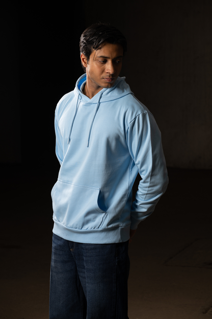 Men Solid Sky Blue Hoodie