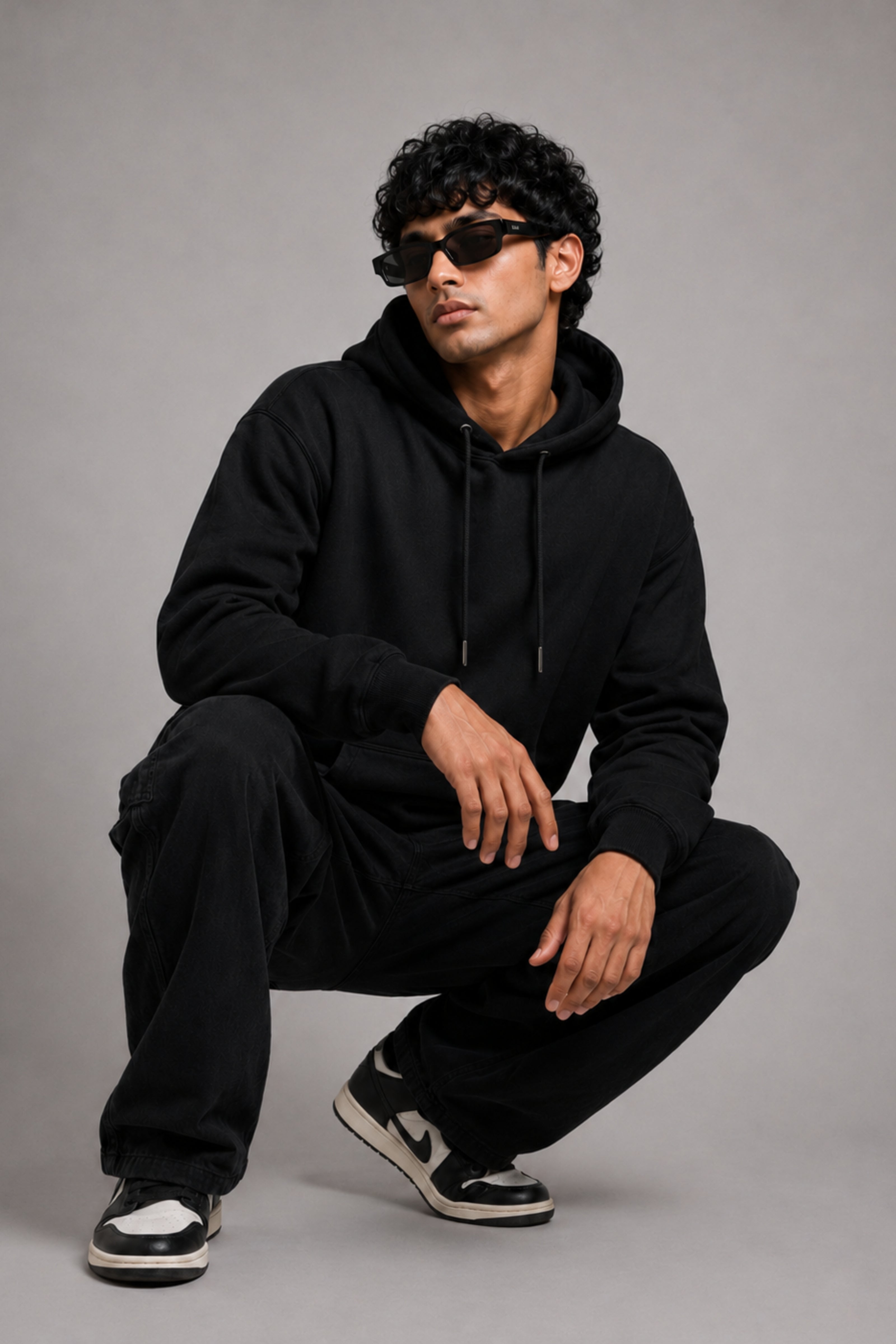 Men Solid Black Hoodie | Split Vision