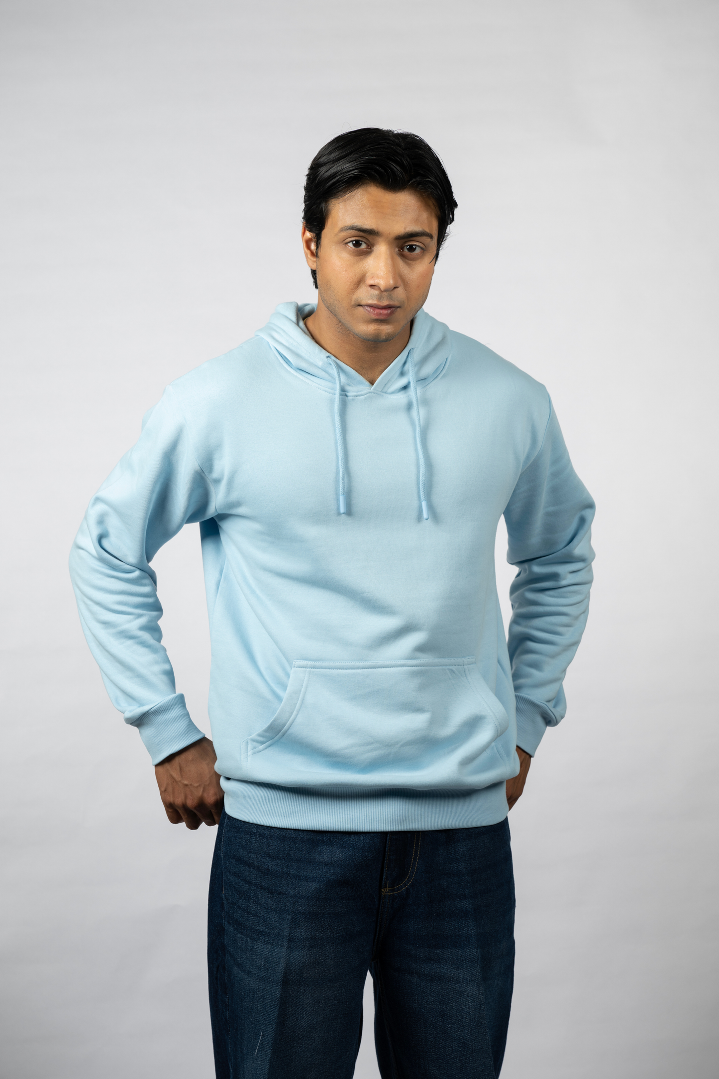 Men Solid Sky Blue Hoodie | Pure Purpose
