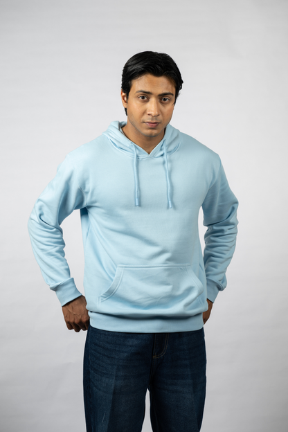 Men Solid Sky Blue Hoodie | Pure Purpose