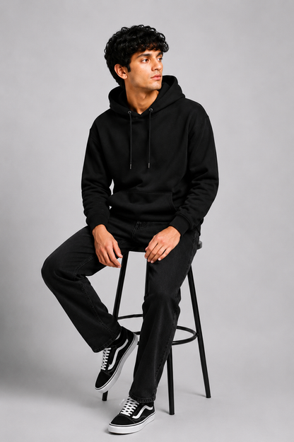 Men Solid Black Hoodie