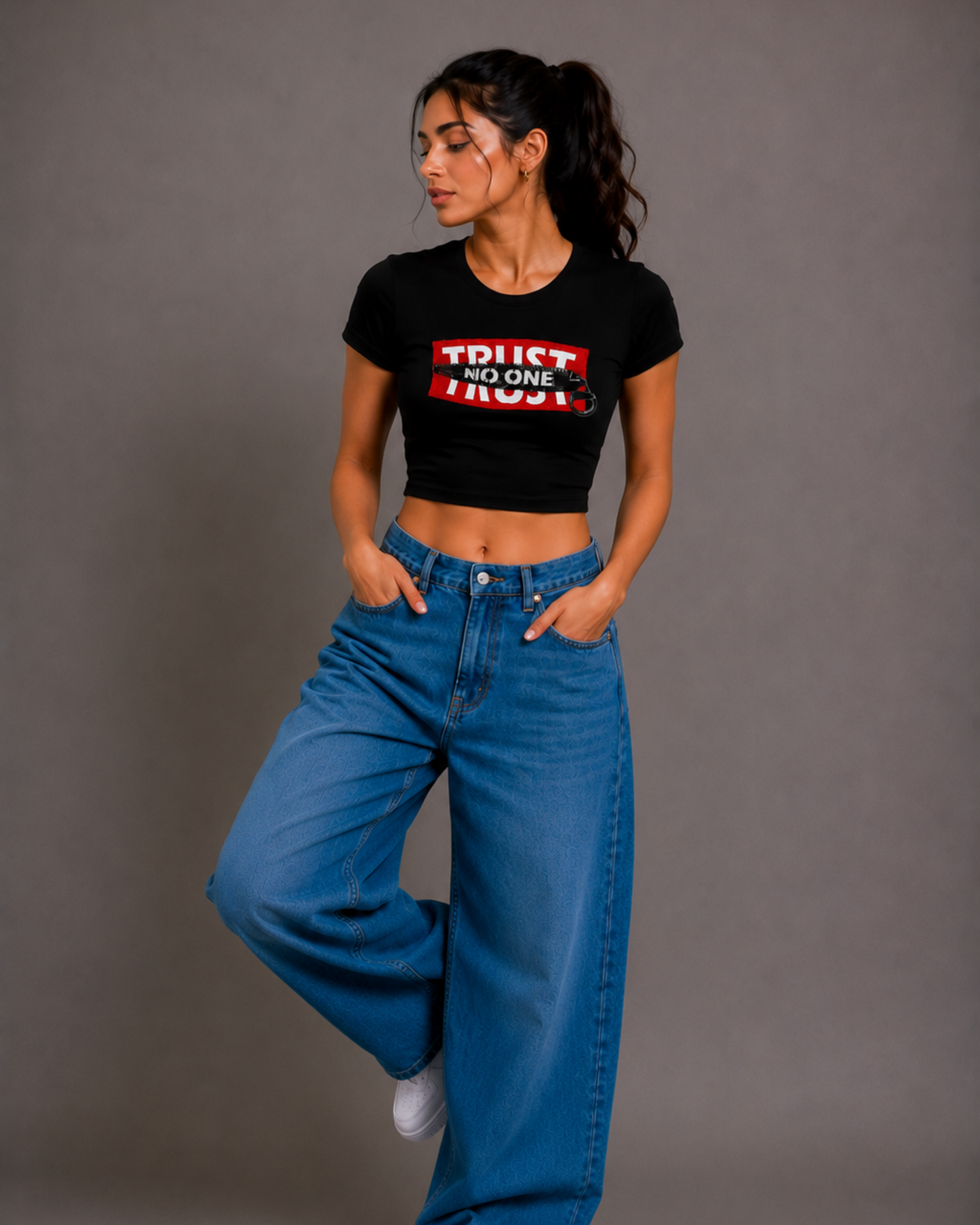 Women Black Baby Tee | Trust No One