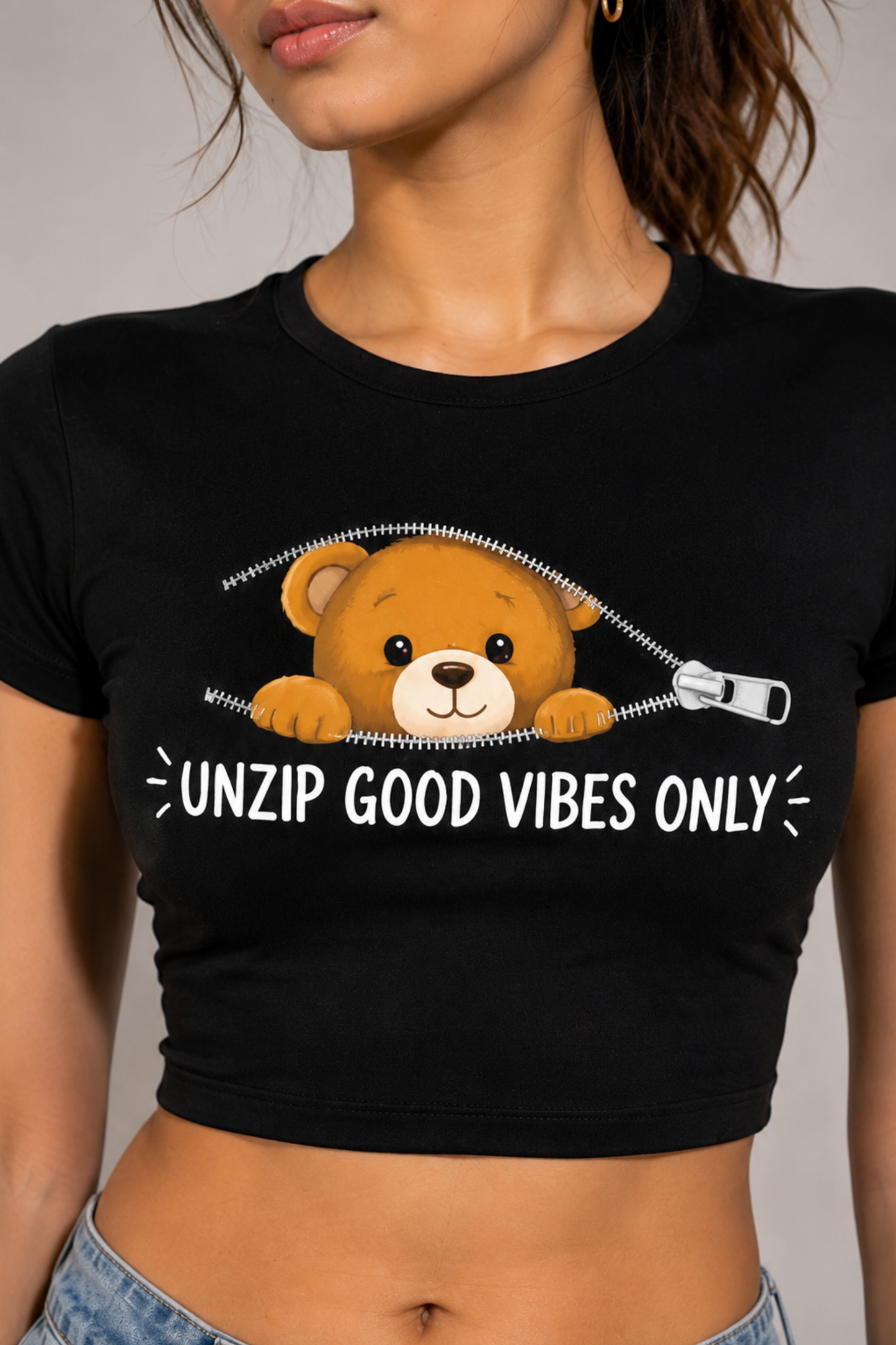Women Black Baby Tee | Unzip Good Vibes Only