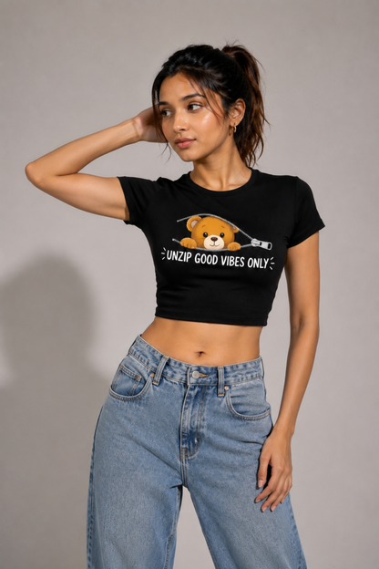 Women Black Baby Tee | Unzip Good Vibes Only