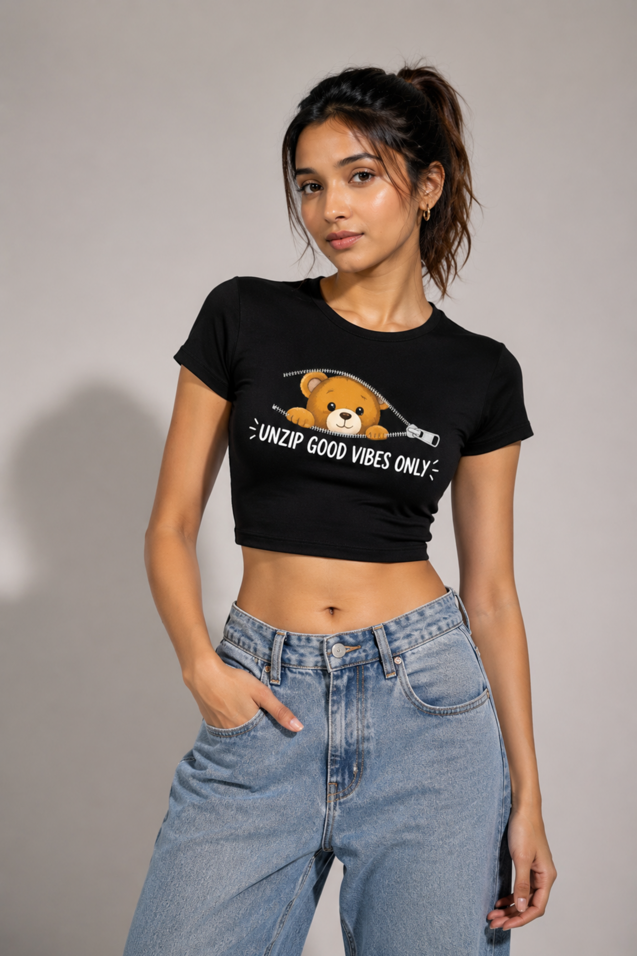 Women Black Baby Tee | Unzip Good Vibes Only