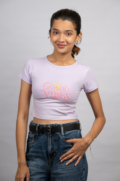 Women Lavender Baby Tee | Good Vibes