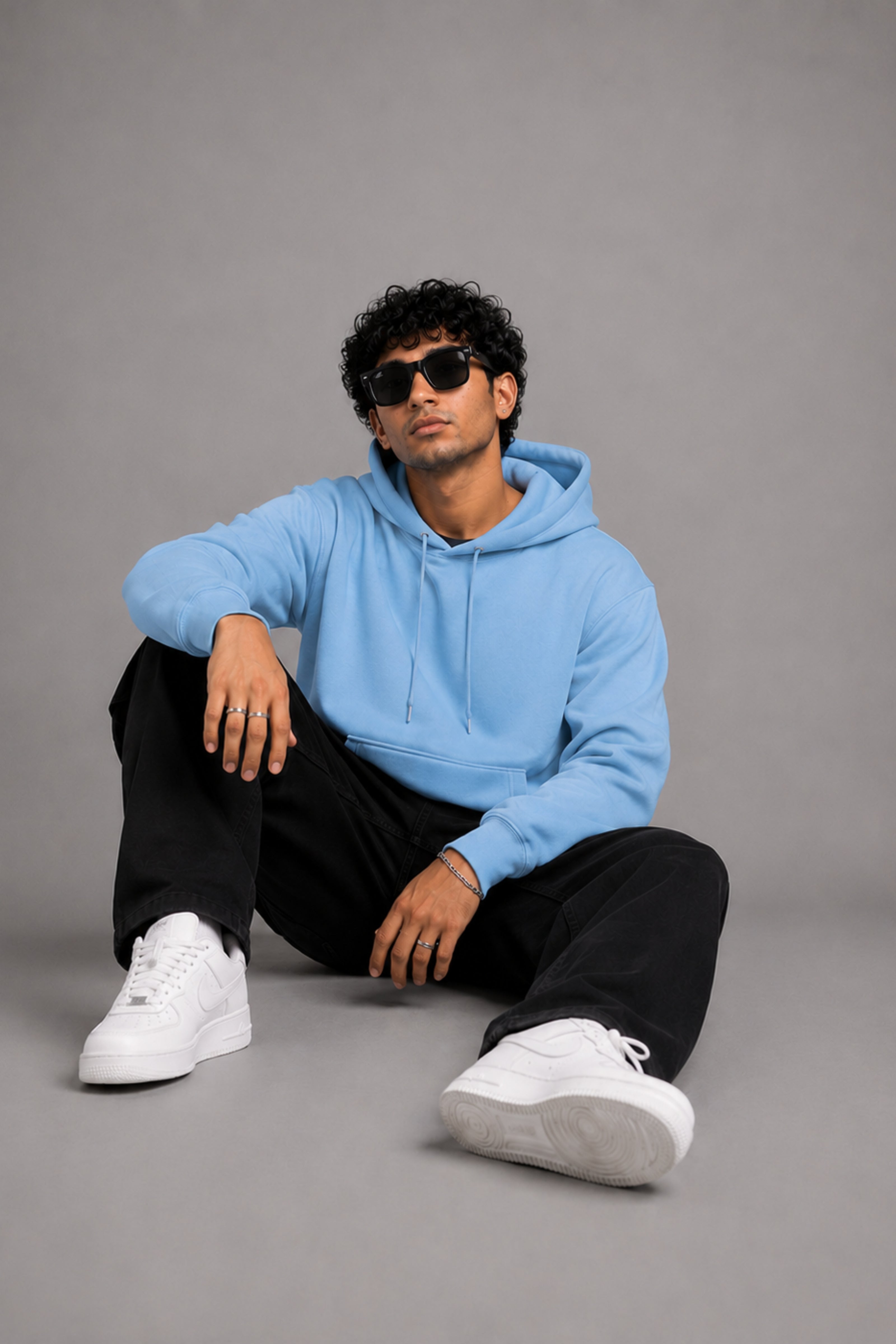 Men Solid Sky Blue Hoodie | Pure Purpose