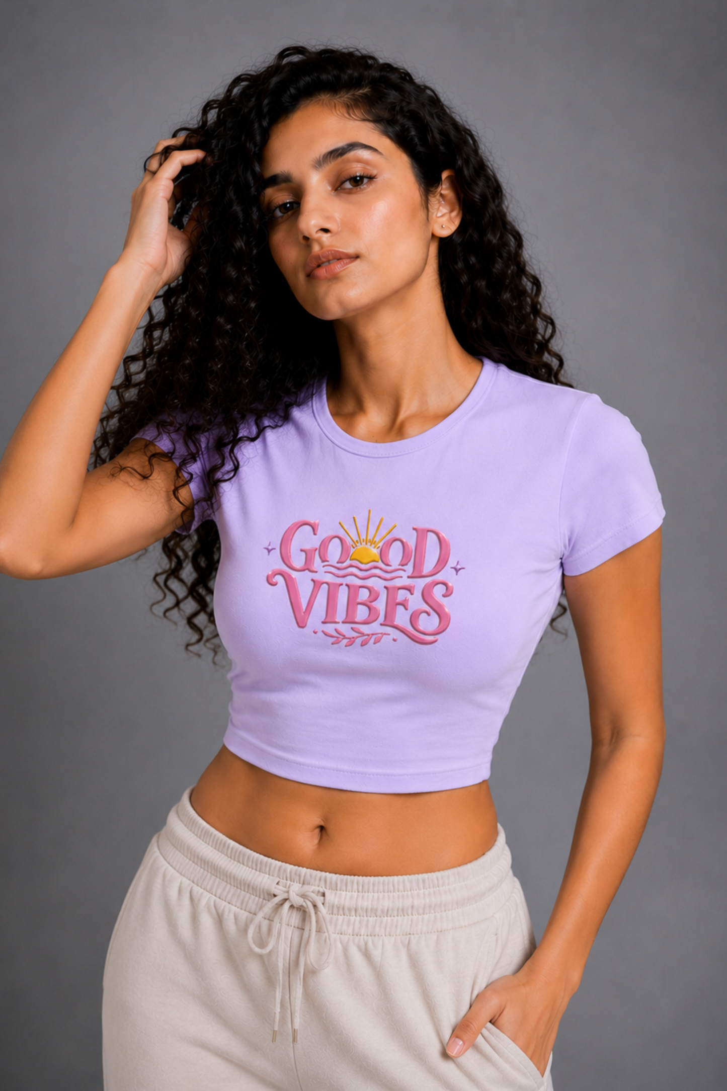 Women Lavender Baby Tee | Good Vibes