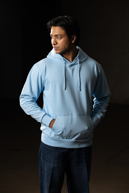 Men Solid Sky Blue Hoodie