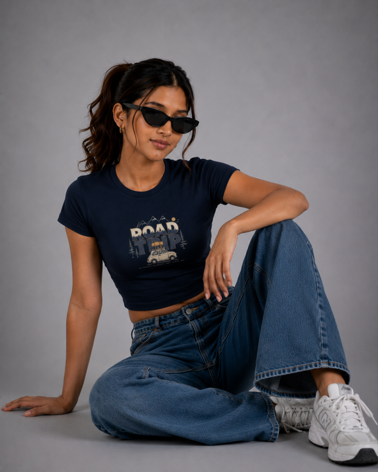 Women Black Baby Tee | Road Trip