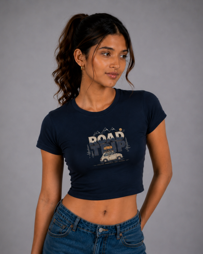 Women Black Baby Tee | Road Trip
