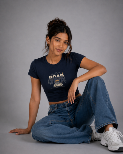Women Black Baby Tee | Road Trip