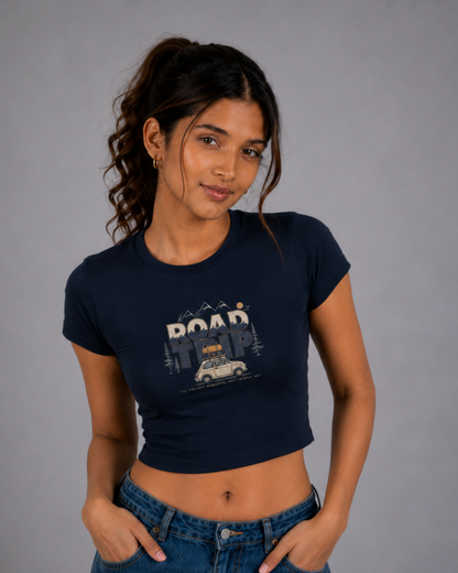 Women Black Baby Tee | Road Trip