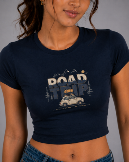 Women Black Baby Tee | Road Trip