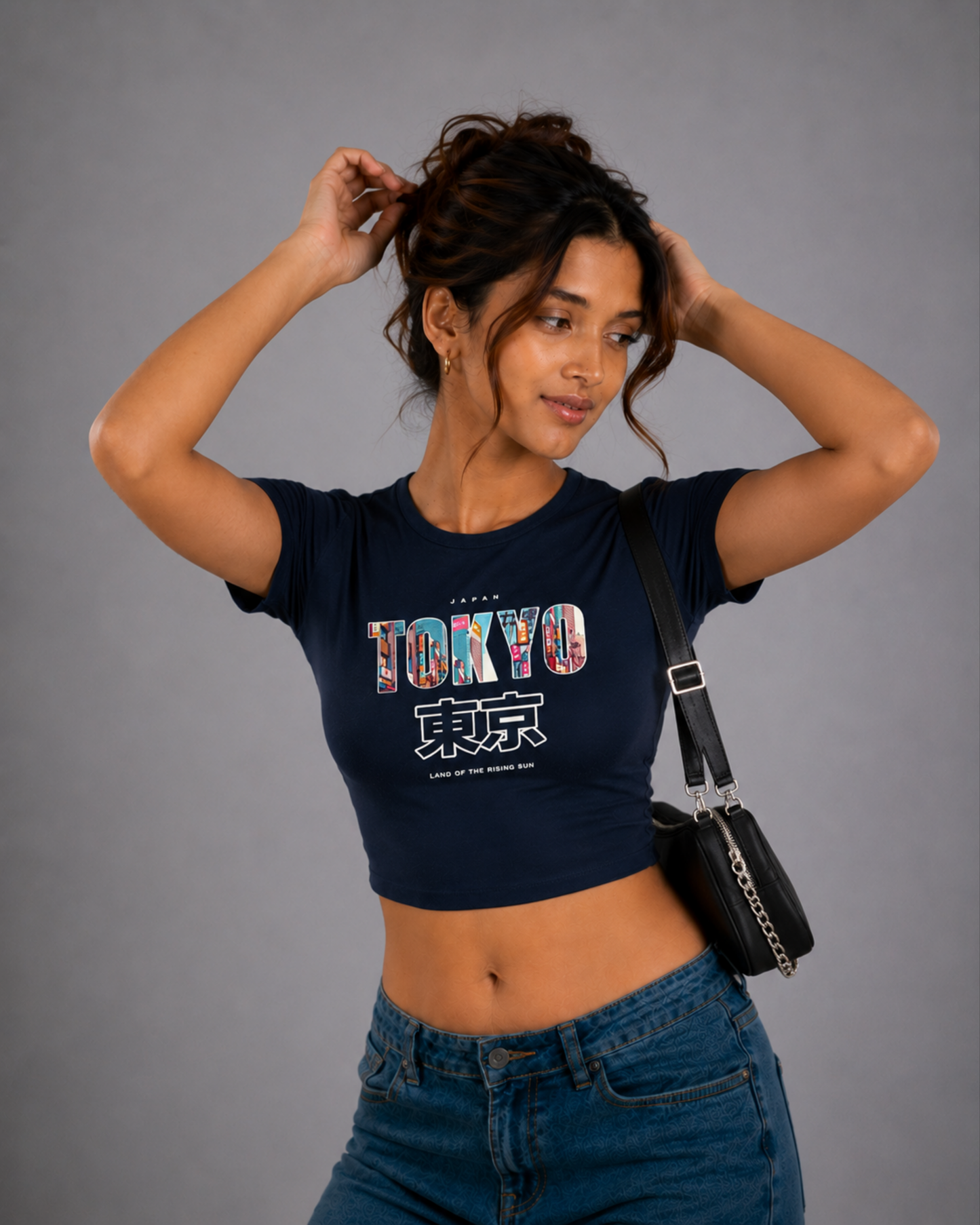 Women Navy Blue Baby Tee | Tokyo – Land of the Rising Sun