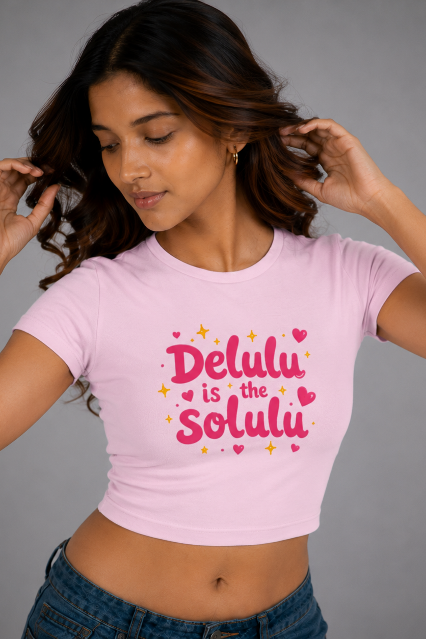 Women Pink Baby Tee | Delulu Is The Solulu