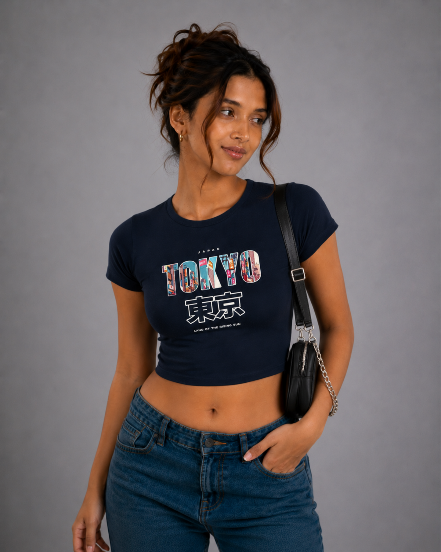 Women Navy Blue Baby Tee | Tokyo – Land of the Rising Sun