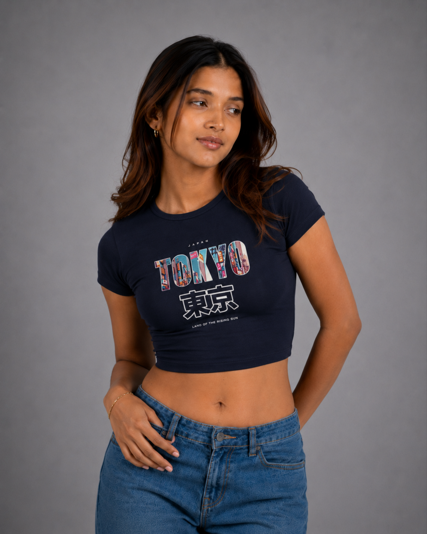 Women Navy Blue Baby Tee | Tokyo – Land of the Rising Sun