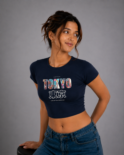 Women Navy Blue Baby Tee | Tokyo – Land of the Rising Sun
