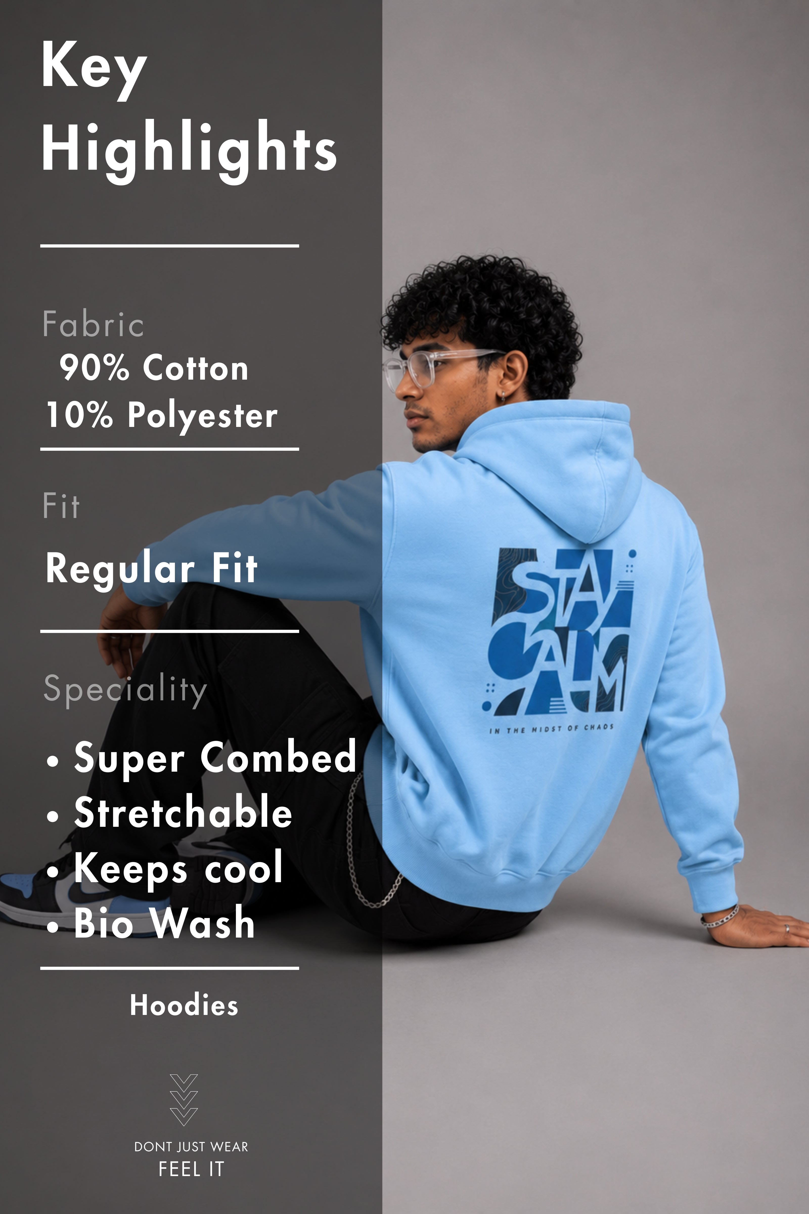 Men Solid Sky Blue Hoodie | Cold Current