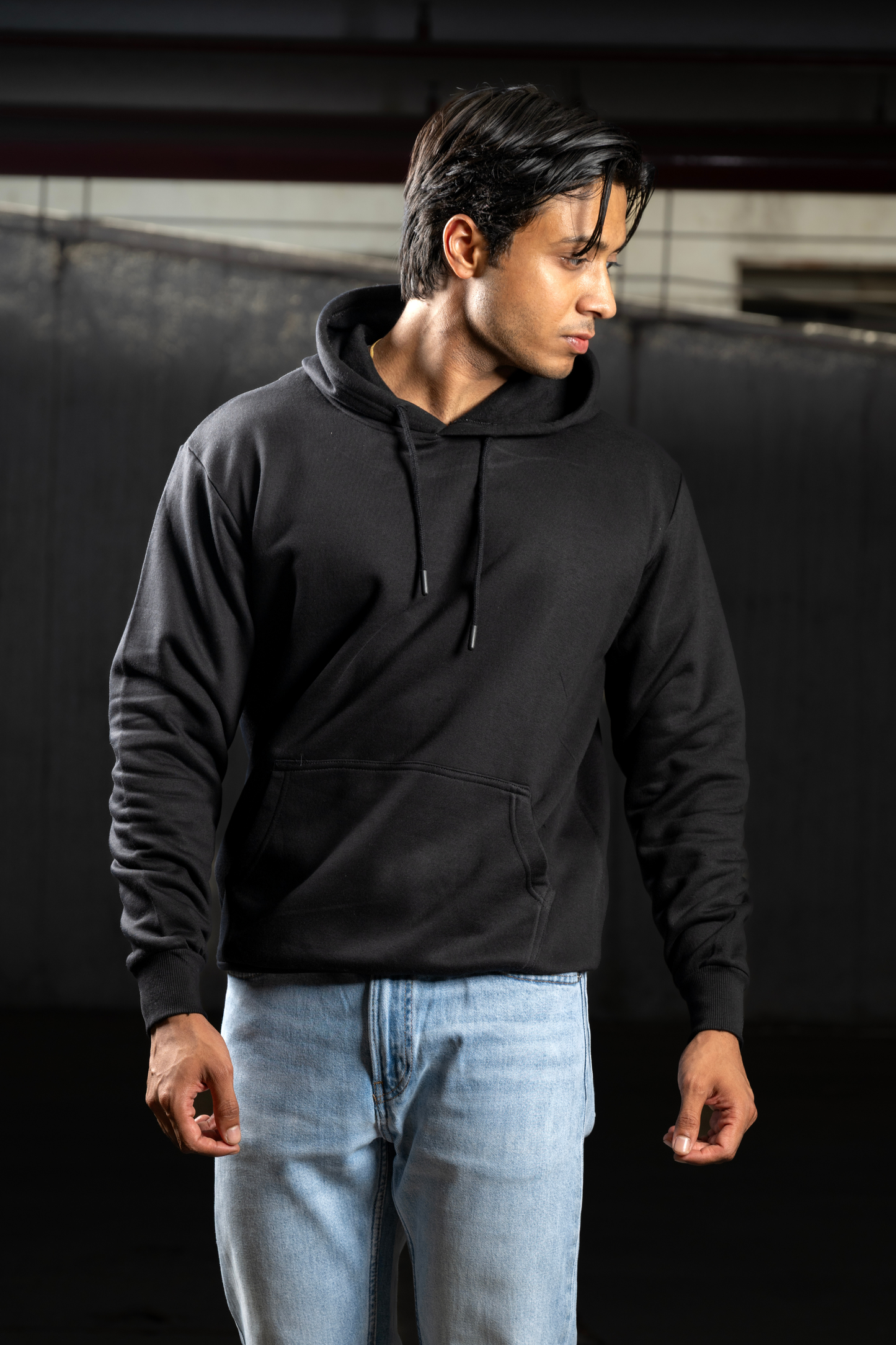Men Solid Black Hoodie | Split Vision