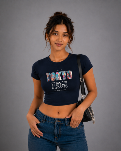 Women Navy Blue Baby Tee | Tokyo – Land of the Rising Sun
