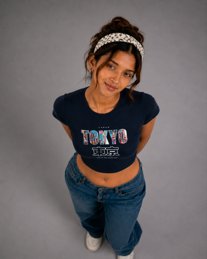Women Navy Blue Baby Tee | Tokyo – Land of the Rising Sun