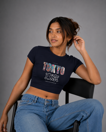 Women Navy Blue Baby Tee | Tokyo – Land of the Rising Sun