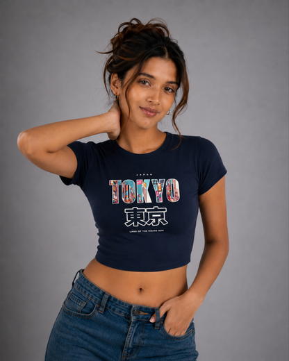 Women Navy Blue Baby Tee | Tokyo – Land of the Rising Sun