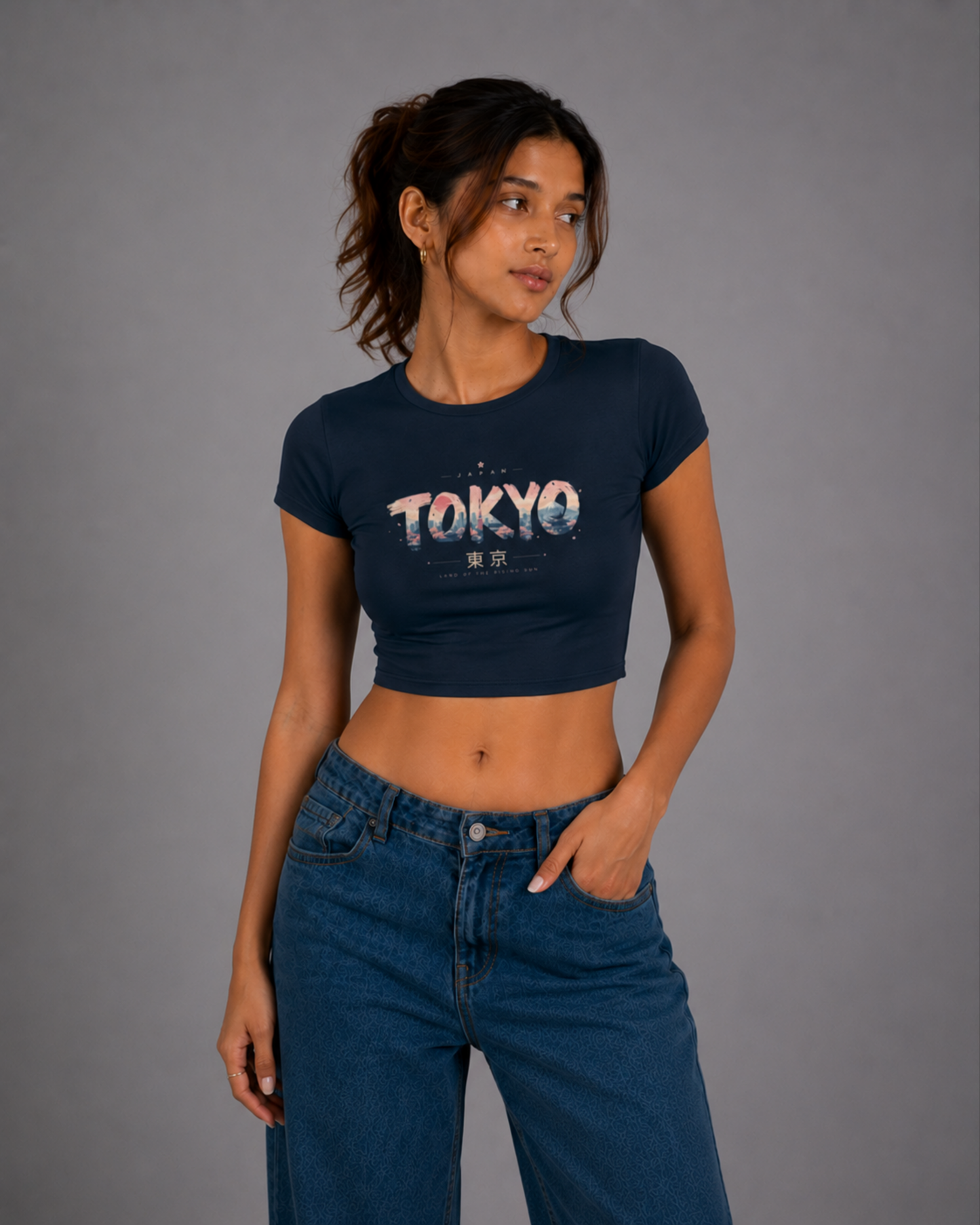 Women Navy Blue Baby Tee | Tokyo Skyline