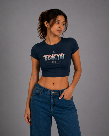 Women Navy Blue Baby Tee | Tokyo Skyline
