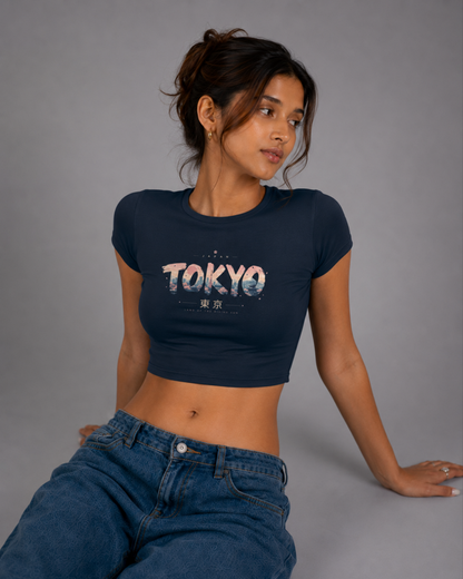 Women Navy Blue Baby Tee | Tokyo Skyline