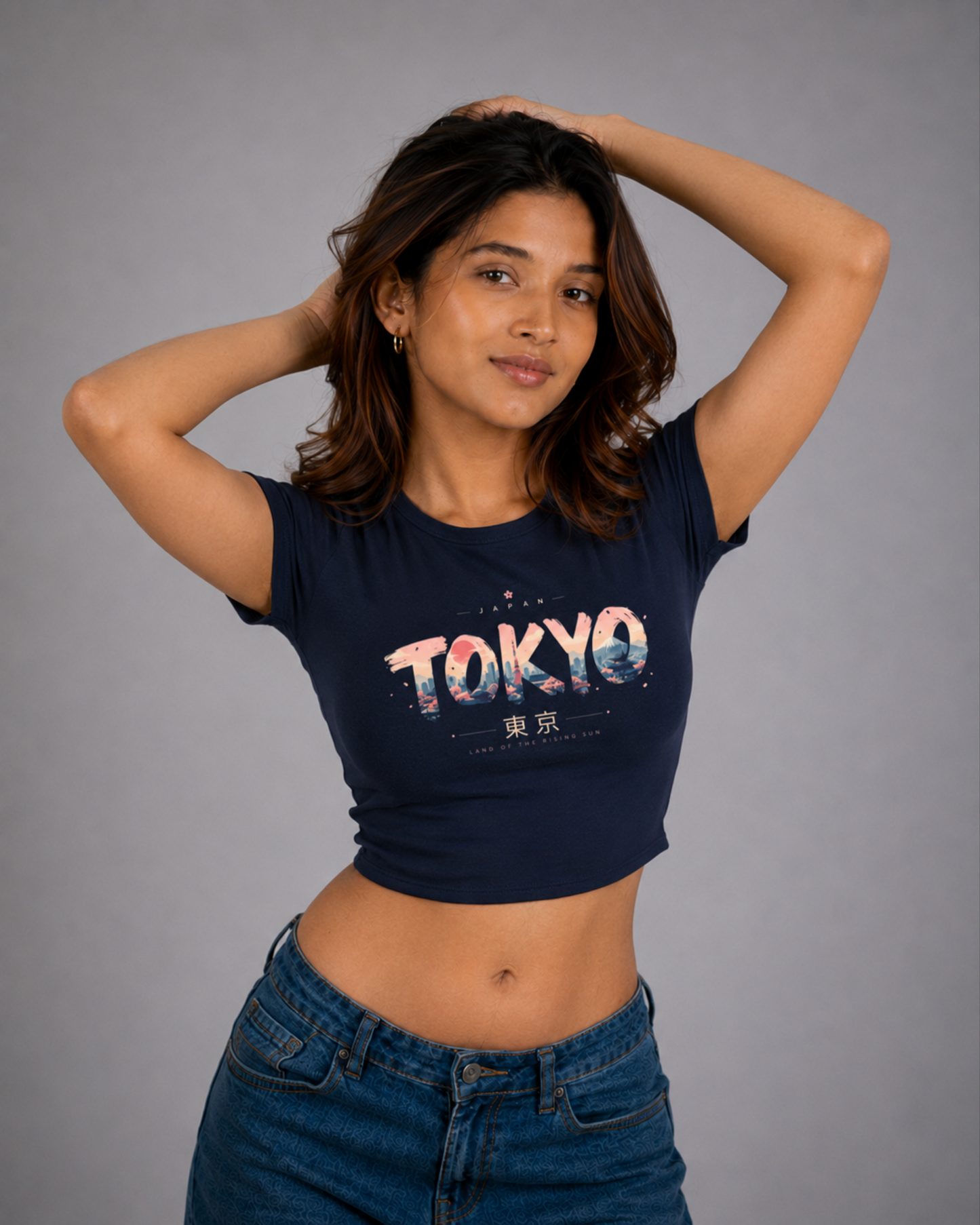 Women Navy Blue Baby Tee | Tokyo Skyline
