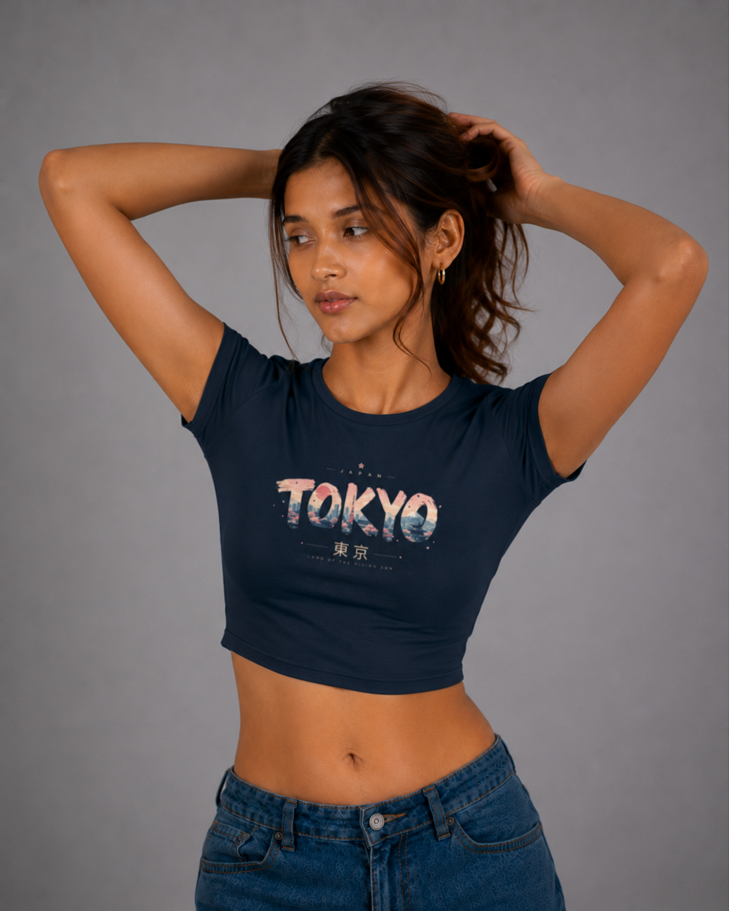 Women Navy Blue Baby Tee | Tokyo Skyline