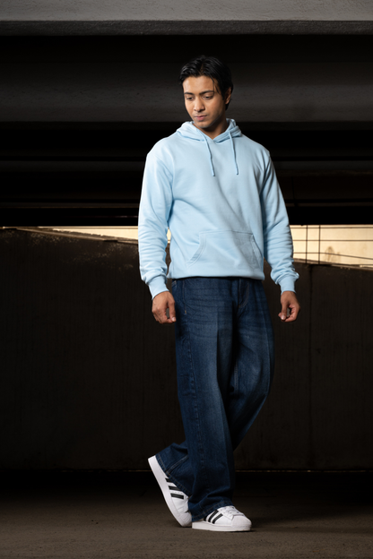Men Solid Sky Blue Hoodie | Cold Current
