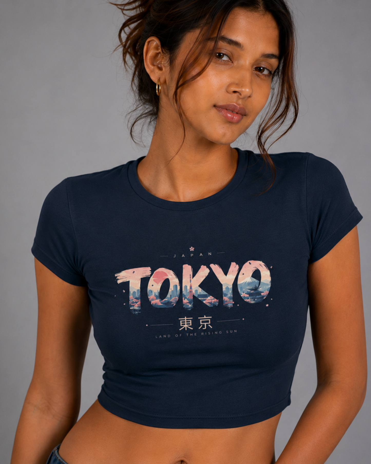 Women Navy Blue Baby Tee | Tokyo Skyline