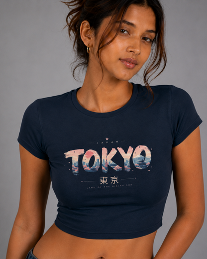 Women Navy Blue Baby Tee | Tokyo Skyline