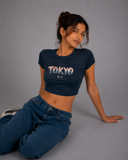 Women Navy Blue Baby Tee | Tokyo Skyline