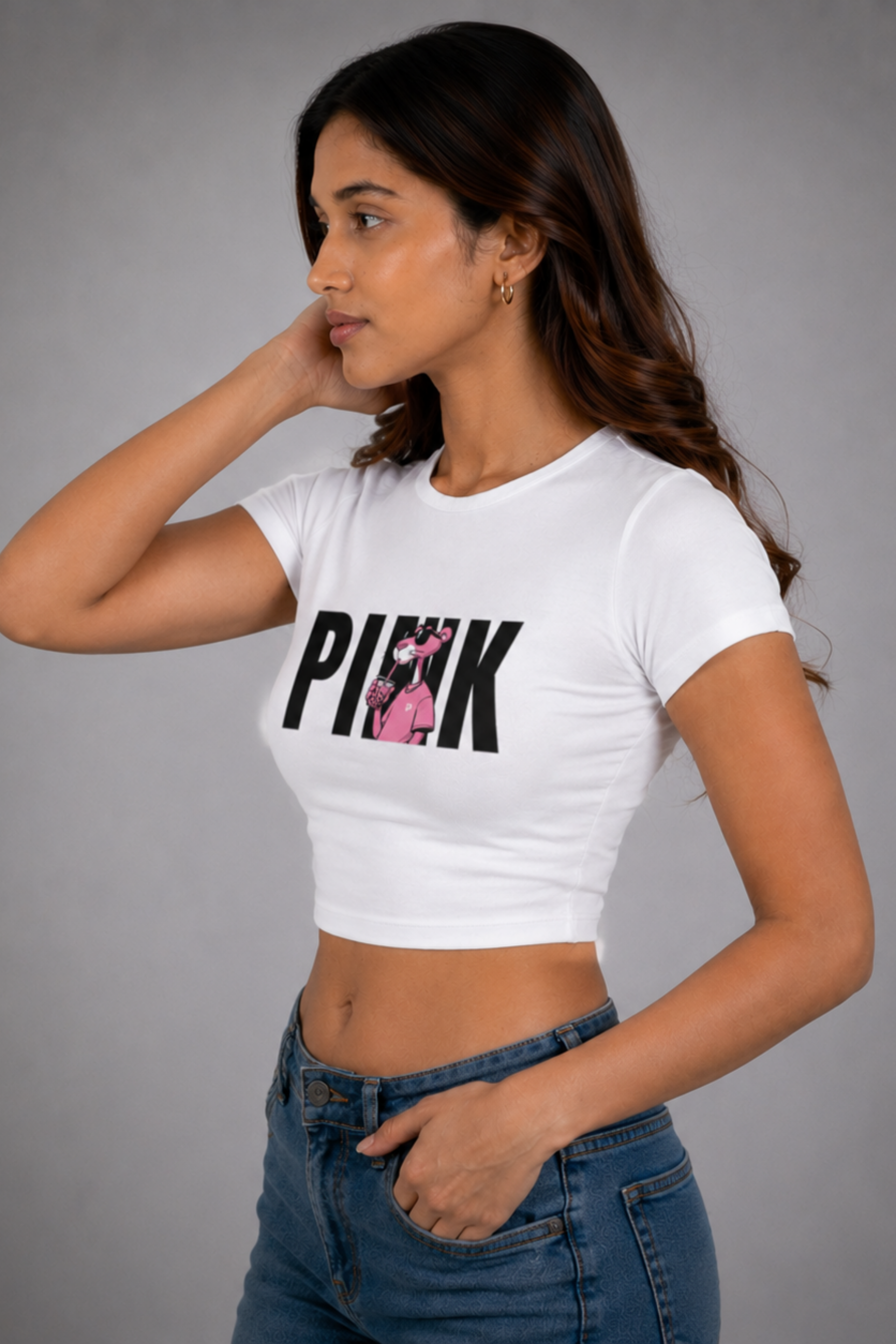 Women White Baby Tee | Pink Panther
