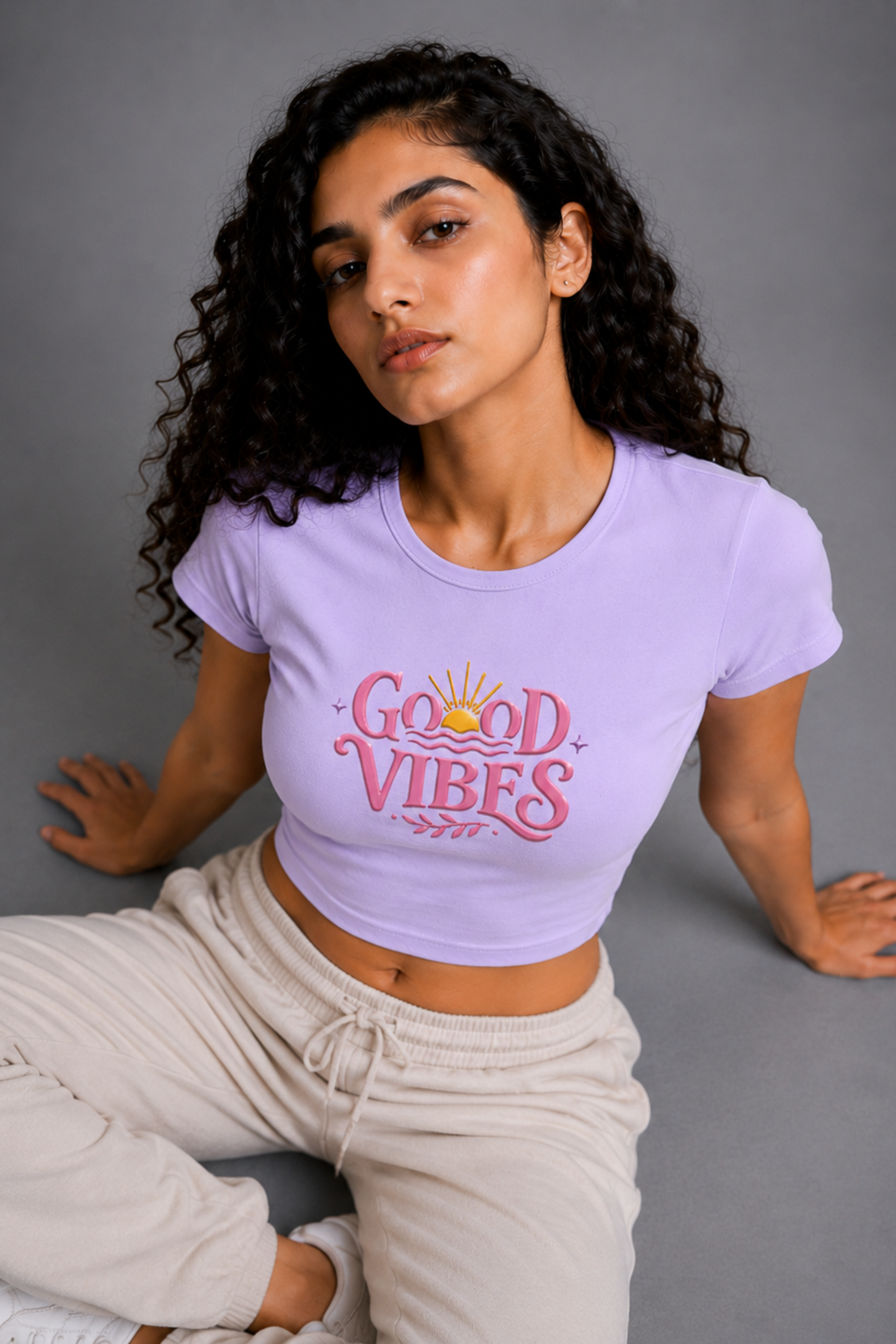 Women Lavender Baby Tee | Good Vibes