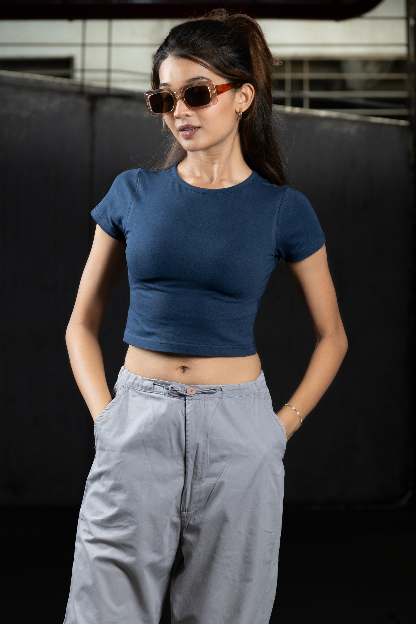 Women Navy Blue Baby Tee