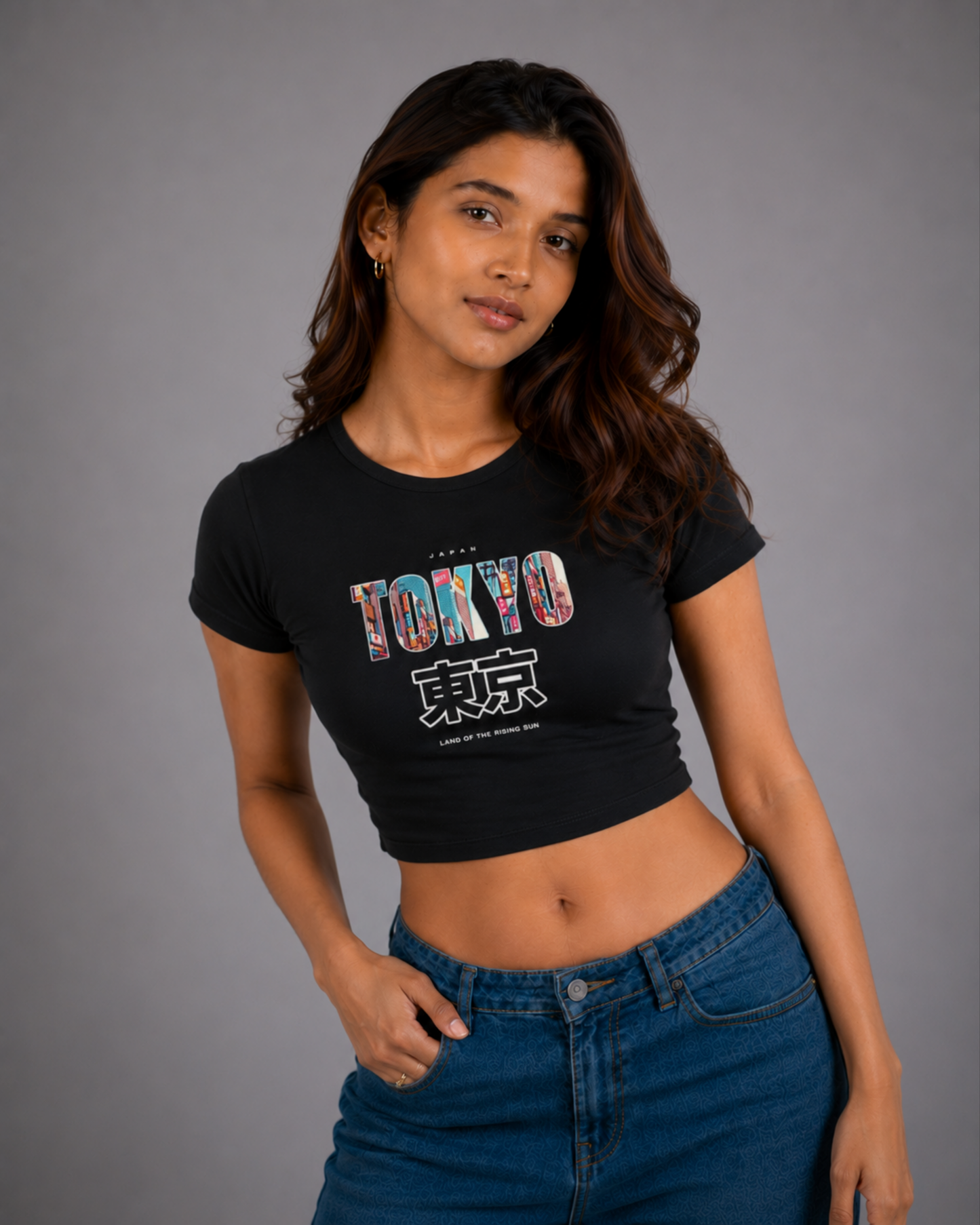 Women Black Baby Tee | Tokyo Japan
